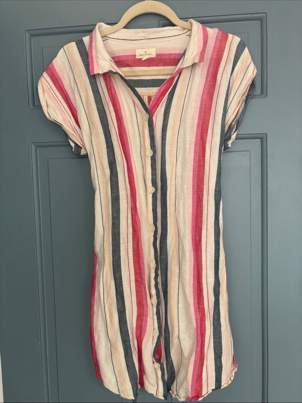 Thread & Supply Striped Mini Shirt Dress in Red, Pink, Cream & Green